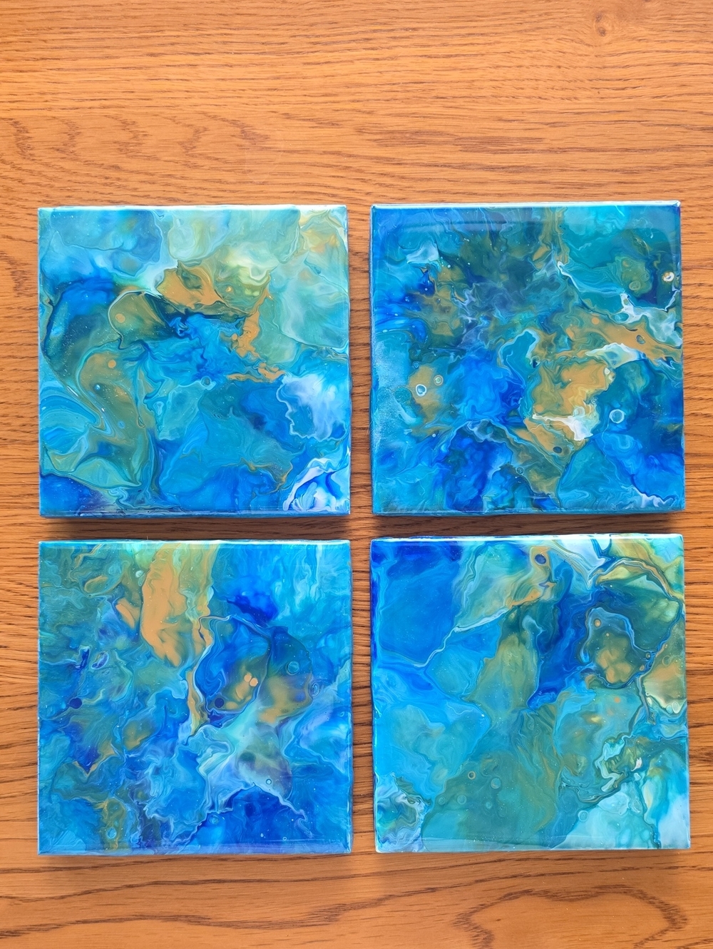 Hand Crafted Blue and Gold Abstract Tile Coasters (Set of 4)